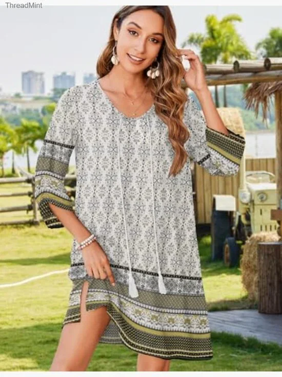 Rayon Boho Floral Mini Dress 3/4 Sleeve Tassel Tie Neck Casual Beach - Picture 4 of 7